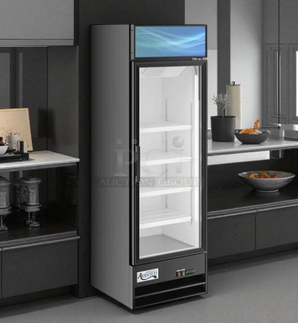 Avantco GDC-15-HC 25 5/8" black merchandiser refrigerator with swing glass door, LED lighting, fully tested, excellent condition.