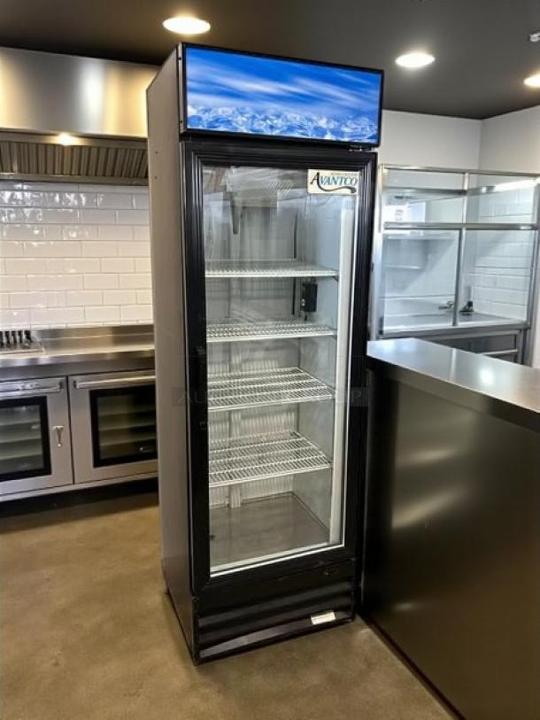 Avantco GDC-15-HC merchandiser refrigerator, black, swing glass door, LED lighting, excellent condition, logo visible.