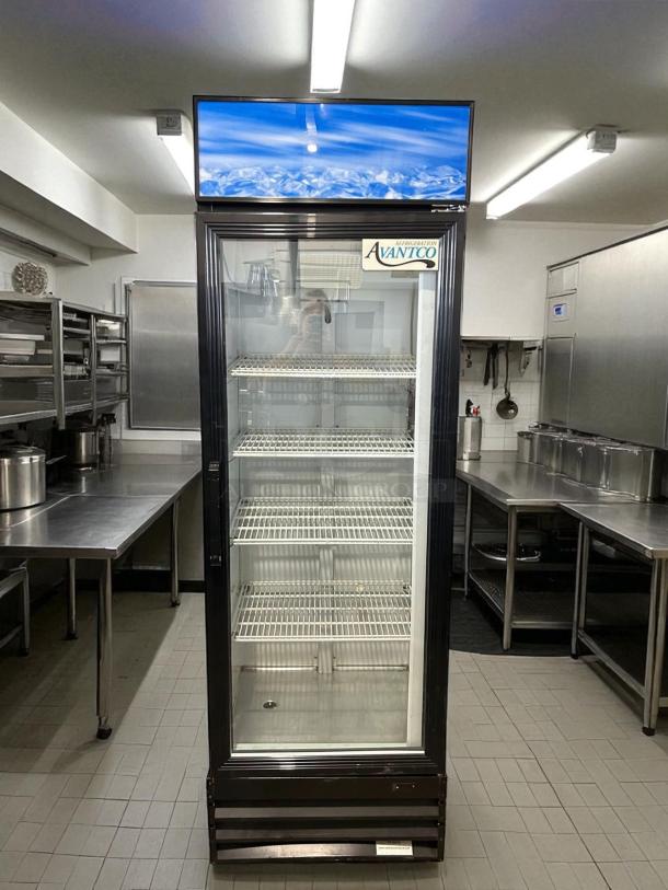 Avantco GDC-15-HC black swing glass door merchandiser refrigerator, customizable, with LED lighting, fully tested, excellent condition.