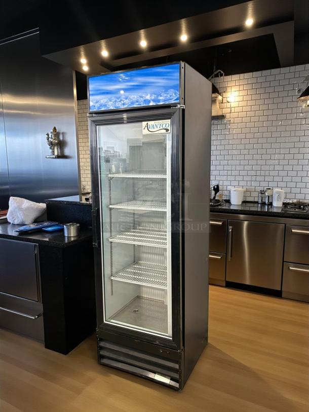 Avantco GDC-15-HC merchandiser refrigerator, black, swing glass door, LED lighting, customizable panel, excellent condition.