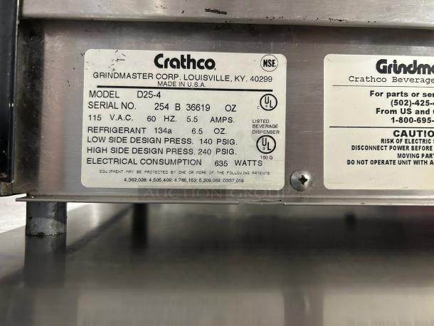 Crathco D25-3 dual bowl cold beverage dispenser label, 115V, model D25-4. NSF and UL listed, 6.5 oz refrigerant.