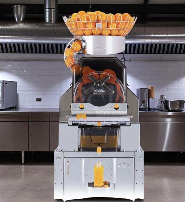 Citrocasa 8000SB commercial citrus juicer in excellent condition, 115V, fully tested and working, shown in a modern kitchen.