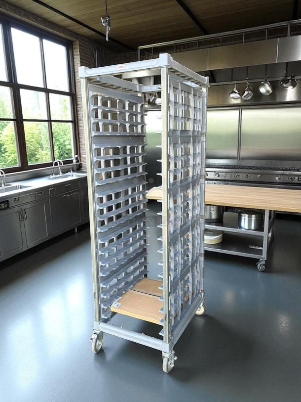 Cambro UPR1826FP40580 Pan Rack, model ESXRMP65, end load, excellent condition, fully tested, kitchen setting.