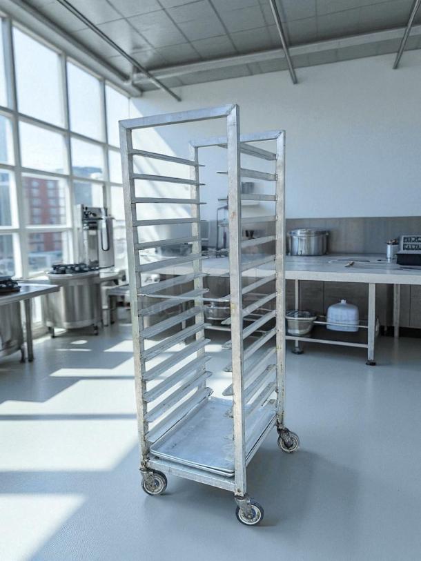 GSW 20 Pan End Load Bun Sheet Pan Rack in great condition, with non-marking casters, easy rolling, sturdy steel construction.