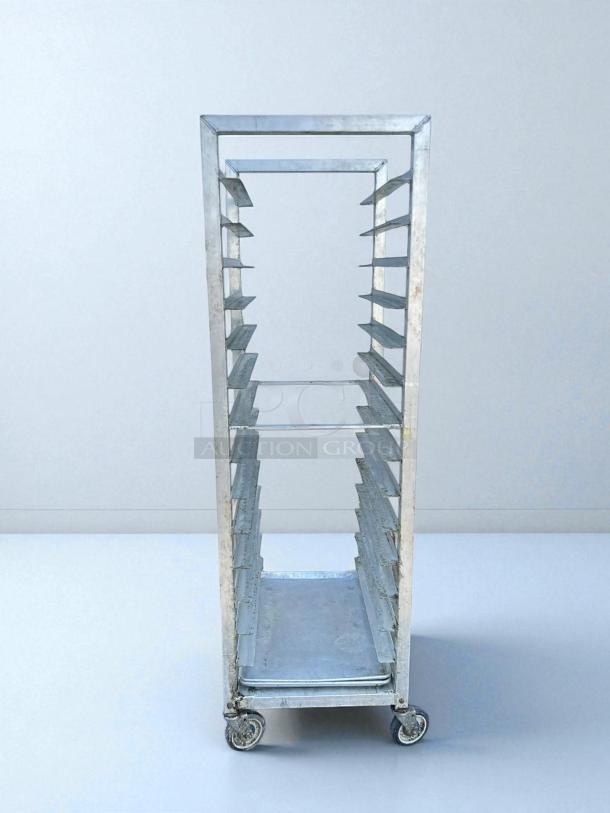 GSW 20 pan end load sheet pan rack in great condition with non-marking casters, rolls smoothly.