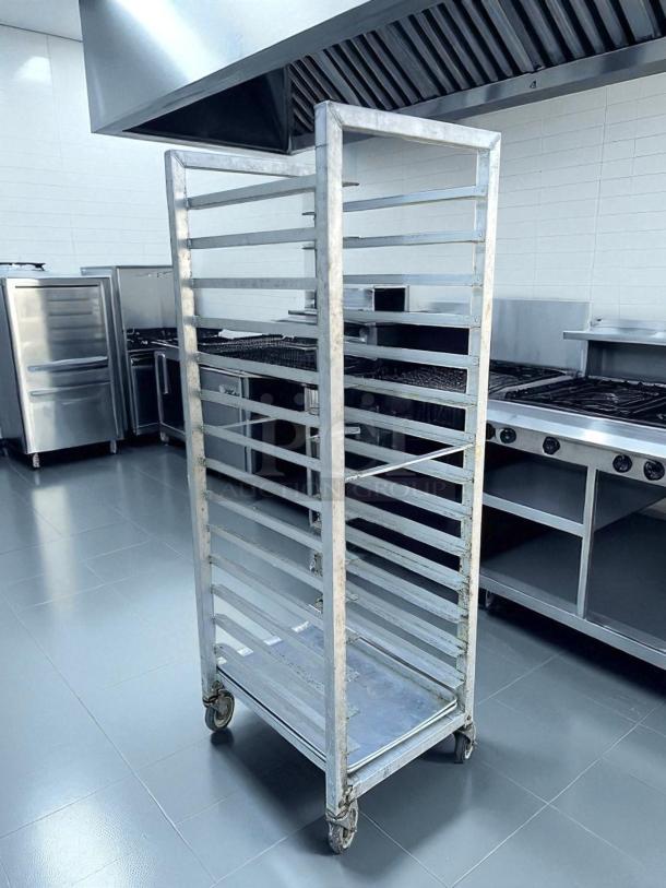 GSW 20 pan end load sheet pan rack with non-marking casters in good condition, NSF certified, stainless steel.
