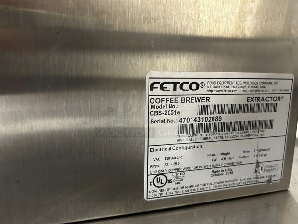 Fetco CBS-2051e EXTRACTOR® Coffee Brewer label, showing model, serial number 470143102689, electrical configuration, made in USA.