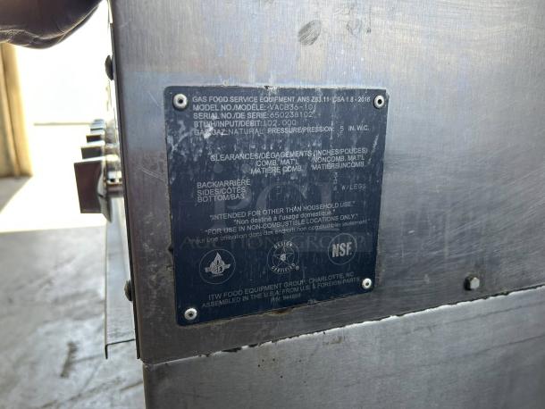 Vulcan VACB36 Radiant Gas Charbroiler, 36"W, 108 kBTU, stainless steel, NSF certified, fully tested, excellent condition.