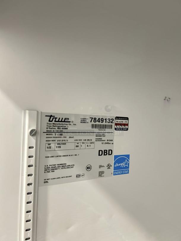 True T-49 refrigerator label, showing model, voltage, NSF and Energy Star certifications. Made in the USA, great condition.
