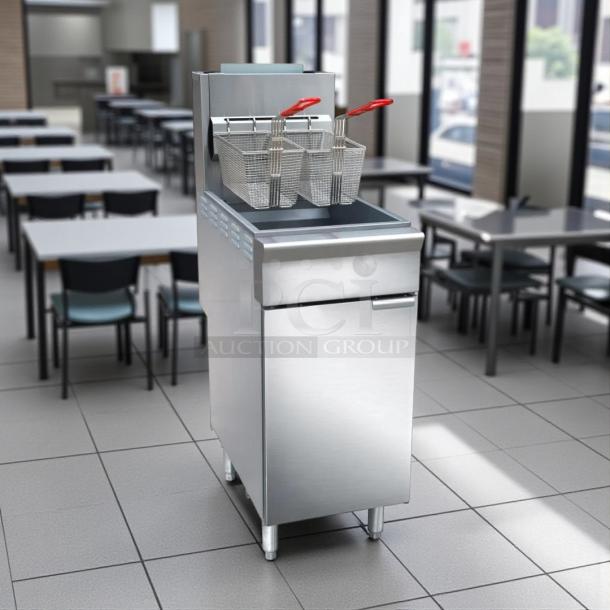 Black Diamond BDGF-ES35/NG gas fryer, 35 lb vat, floor model, new, natural gas, includes baskets, fully tested, stainless steel.