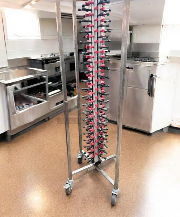Custom Commercial Stainless Steel Skewer/Kebab Rack Stand, excellent condition, mobile with wheels, vertical design.