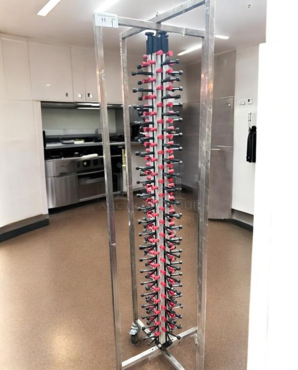 Custom Commercial Skewer/Kebab Rack Stand in excellent condition, stainless steel, mobile, with multiple skewers, tested and working.