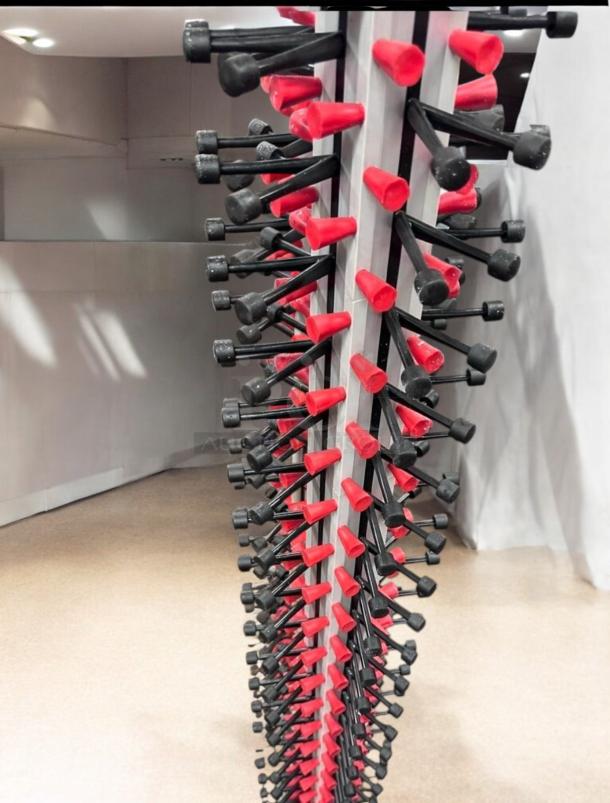 Stainless steel vertical skewer/kebab rack stand with black and red holders. Excellent condition, custom commercial model.