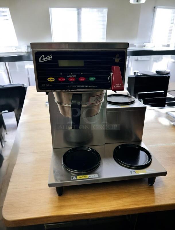 Curtis ALP3GTR12A000 Automatic 3-Warmer Coffee Brewer, excellent condition, tested and working, 120V, caution labels visible.