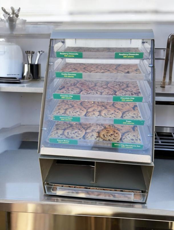 Nemco 6490-SUBA Cookie Display Case, 24"H x 17"W x 12"D, great condition, tested & working, shelves labeled with cookie types.