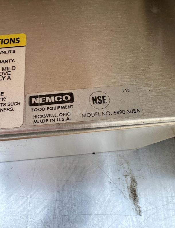 Nemco 6490-SUBA Cookie Display Case label. Model listed; tested & working. Made in USA. Dimensions: 24"H x 17"W x 12"D.