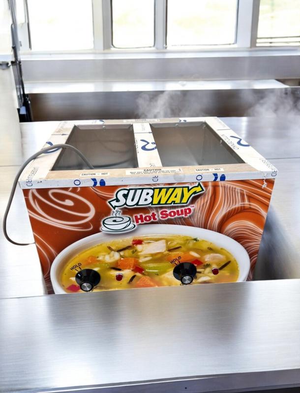 Duke CSW-2-TAM soup warmer, two-pan, excellent condition, 120V, tested and working, Subway branding, countertop station.