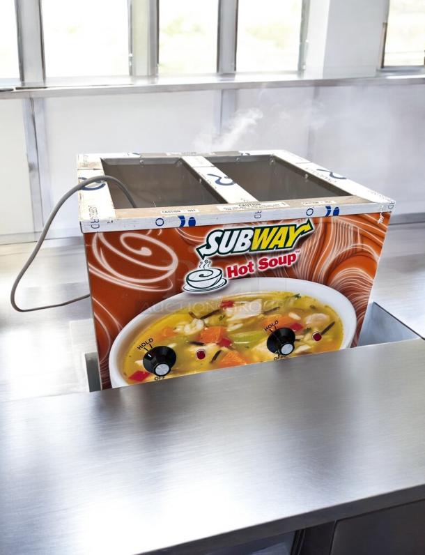 Duke CSW-2-TAM hot soup warmer, 2-pan station, excellent condition, 120V, countertop model with Subway branding, tested and working.