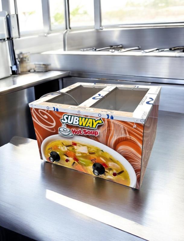 Duke CSW-2-TAM hot soup warmer, 2-pan countertop station, featuring "Subway Hot Soup" branding, excellent condition.