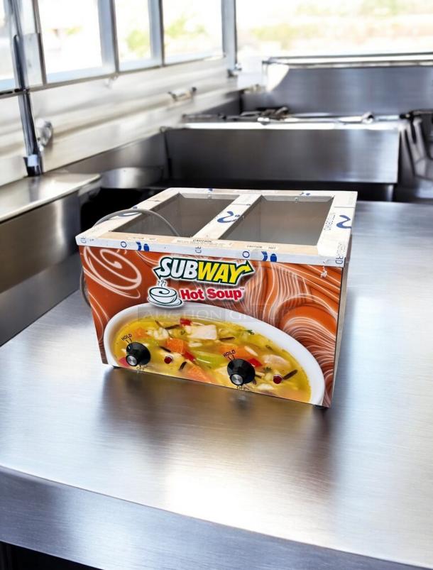 Duke CSW-2-TAM hot soup warmer, excellent condition, 2-pan countertop station, 120V, Subway branding, tested and working.