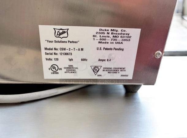 Duke CSW-2-TAM hot soup warmer, excellent condition, 2-pan countertop, 120V, UL listed, model and serial labels shown.