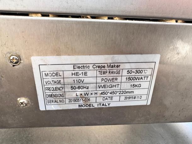 Electric Crepe Maker, Model Italy HE-1E, 110V, 1500W, tested working, excellent condition, 450x450x220mm, 15kg.