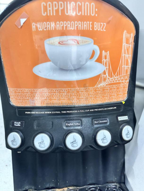 Grindmaster PIC5 dispenser, excellent condition, 4-flavor options: French Vanilla, English Toffee, Hot Chocolate, Mocha. Fully tested 120V.