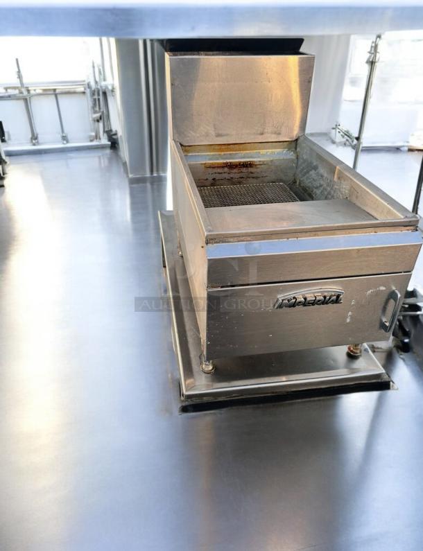 Imperial IFS-25 gas floor fryer in great condition, 25 lb capacity, 65,000 BTU, natural gas, tested and working with visible brand logo.