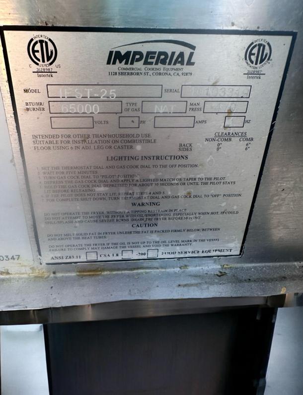 Imperial IFS-25 25 lb gas floor fryer label displaying model, 65,000 BTU, natural gas, ETL certification, and lighting instructions.