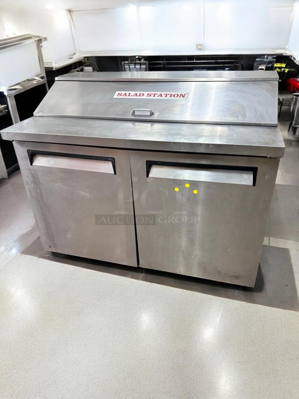 Turbo Air TST-48SD 48" salad/sandwich prep table with refrigerated base, stainless steel, great condition, visible "Salad Station" label.