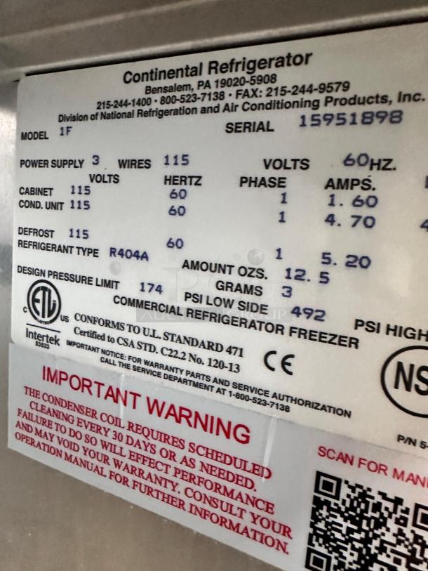Continental Refrigerator 1F label, excellent condition, single door commercial freezer, 115V, ETL and NSF certified.