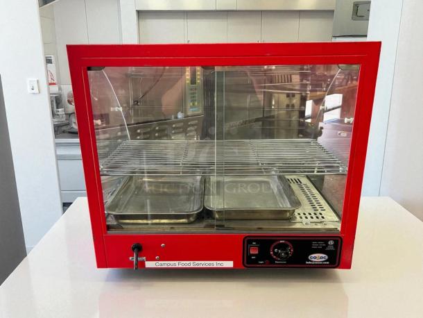 Cozoc FW5004-2 curved glass food warmer, 1200W, red, excellent condition, shelves and trays included, labeled control panel.