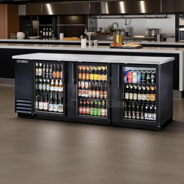True TBB-4G-HC-LD 90 3/8" black glass door back bar refrigerator, LED lighting, excellent condition, fully tested.