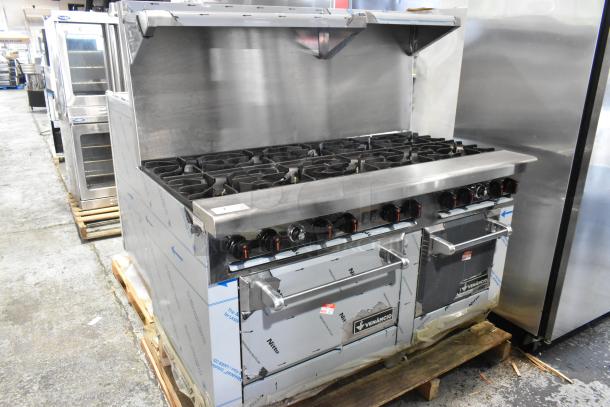Brand new Venancio R602CO-60B stainless steel 10-burner range with 2 convection ovens, over shelf, and backsplash.