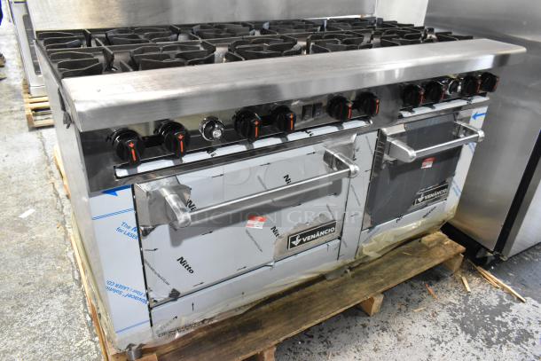 Brand new 2021 Venancio R602CO-60B stainless steel commercial 10 burner range with 2 convection ovens. Included overshelf and backsplash. Signs of wear on packaging.
