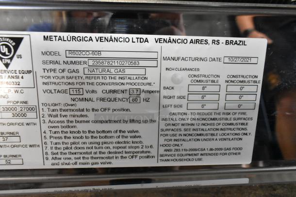 Label on Venancio R602CO-60B gas range. Model, serial number, gas type, and safety info visible.
