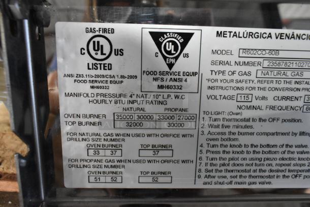 ALT Text: "Label on Venancio R602CO-60B range showing gas specifications, UL certification, and operational instructions."