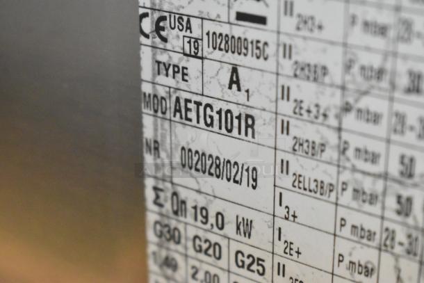 Label on Blodgett AETG101R stainless steel combi convection oven, showing model and serial number details.