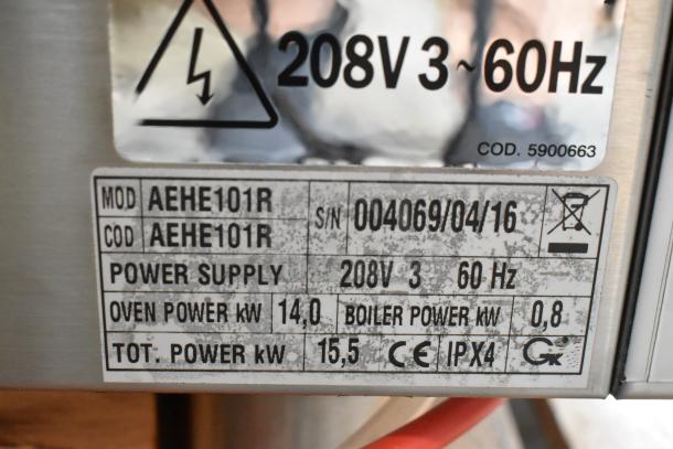 Label of a Bakers Pride AEHE101R combi convection oven, showing model, serial number, power specifications, and certification marks.
