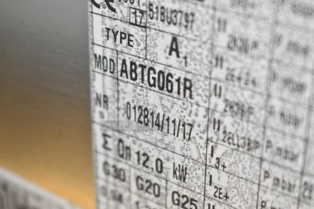 Blodgett ABTG061R label, showing model and specifications. Stainless steel commercial convection oven, new with scratches.