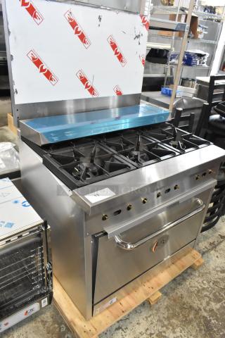 BRAND NEW Cooking Performance 351S36N gas range, 6 burners, 36" stainless steel, with oven, overshelf, backsplash, 210,000 BTU.
