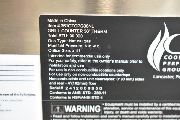 BRAND NEW Cooking Performance Group 351GTCPG36NL 36" stainless steel gas griddle, 90,000 BTU, with flame failure protection.