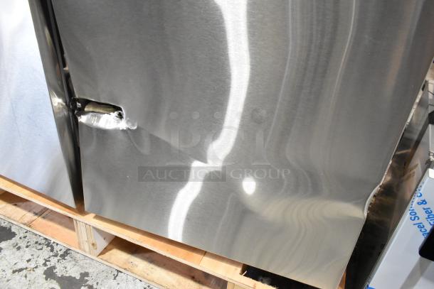 Brand new Avantco 178APT48HC sandwich salad prep table, stainless steel, scratch and dent visible, lid missing, 115 volts.
