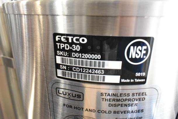 Fetco TPD-30 Luxus Stainless Steel 3-Gallon Coffee Dispenser, new scratch and dent. NSF approved, SKU D01200000.