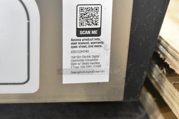 Alt Text: Label on Cooking Performance Group CPG 351COHD4M oven showing model, QR code, and specs.