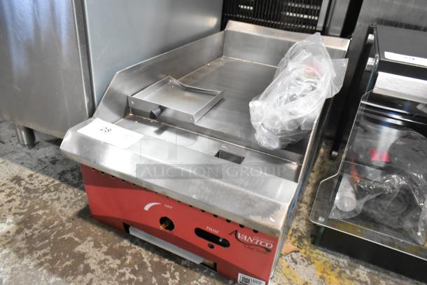 Brand new Avantco 177CAG15MG 15" stainless steel gas griddle, scratch and dent, 30,000 BTU, with manual controls.