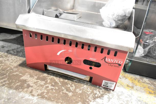 Avantco 177CAG15MG stainless steel 15" gas griddle, brand new, with manual controls, 30,000 BTU, Chef Series logo.