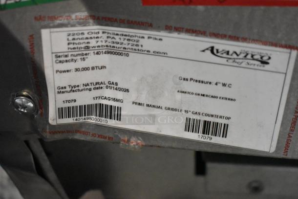 Brand new Avantco 177CAG15MG 15" stainless steel countertop natural gas griddle, 30,000 BTU, manual controls shown.
