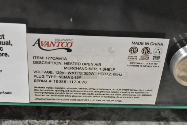 Label on Avantco 177OAM1A Black Countertop Merchandiser; 120V, 300W, 60Hz, NEMA 5-15P plug, 1 shelf, heated open air.