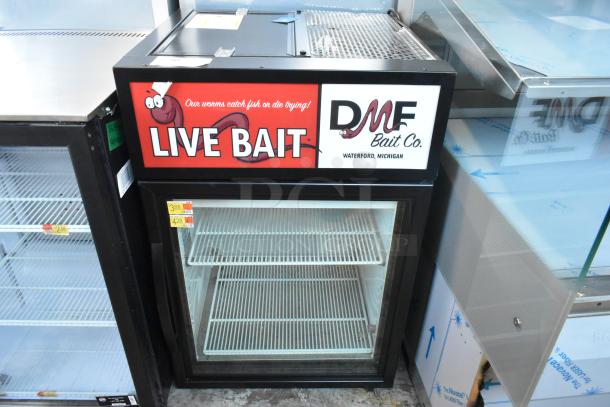 2022 True GDM-05-HC commercial mini cooler with single glass door, poly-coated racks, "Live Bait" signage. 115V, 1 phase.